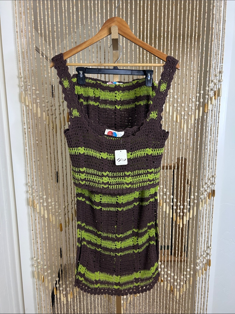 Free People Beach Chocolate Combo Crochet Tank Dress with Lime Accent